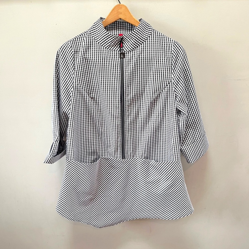 Black & White Gingham Zip-Up Blouse With 3/4 Sleeves By IC By Conni K Size S‎